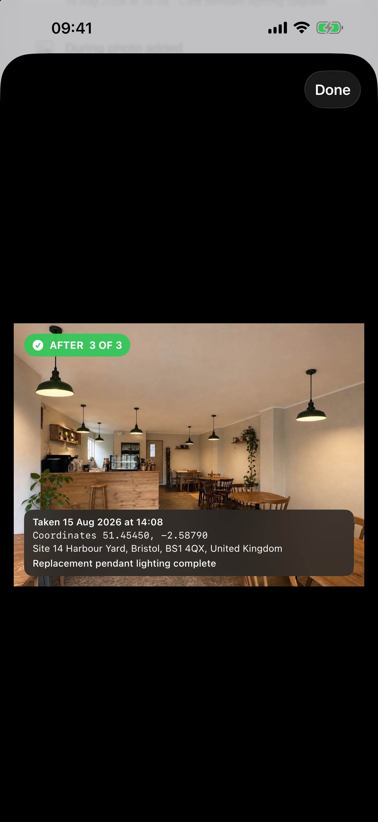 InvoQuill photo preview showing a selected After image with its saved date, time, coordinates, site address and caption.