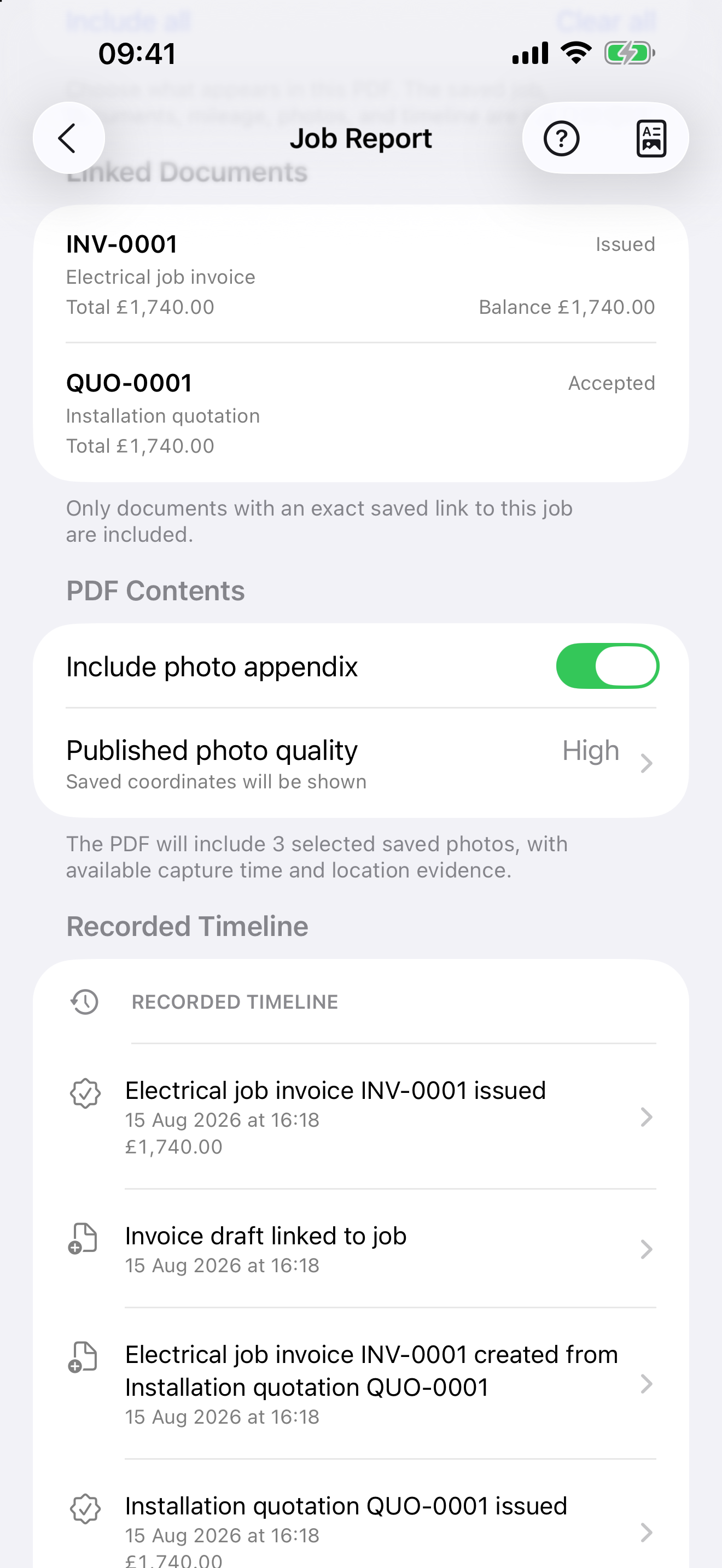 InvoQuill Job Report settings showing linked documents, the photo section, High image quality and saved coordinates enabled.